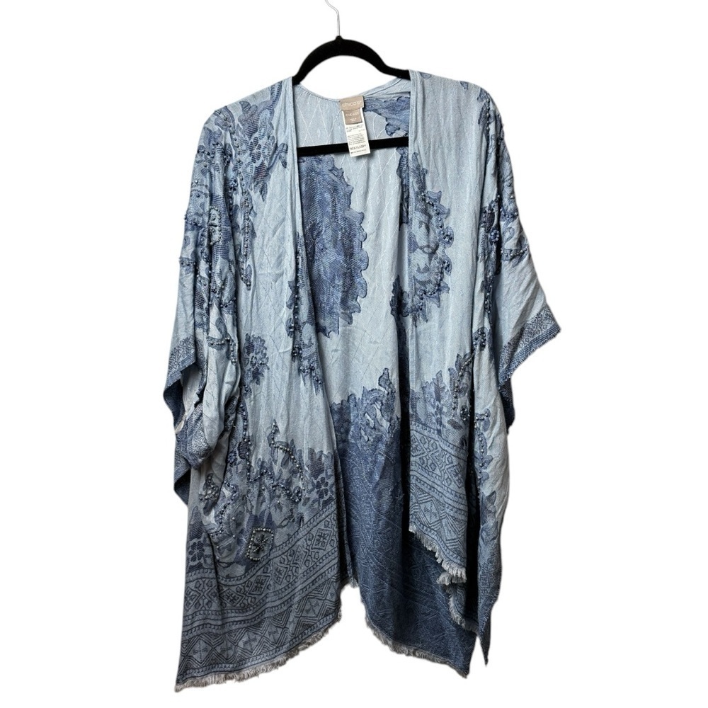 Chico's One Size Kimono Blue Open Cardigan 3/4 Sleeves Embroidered Beaded Sequin - Picture 3 of 10